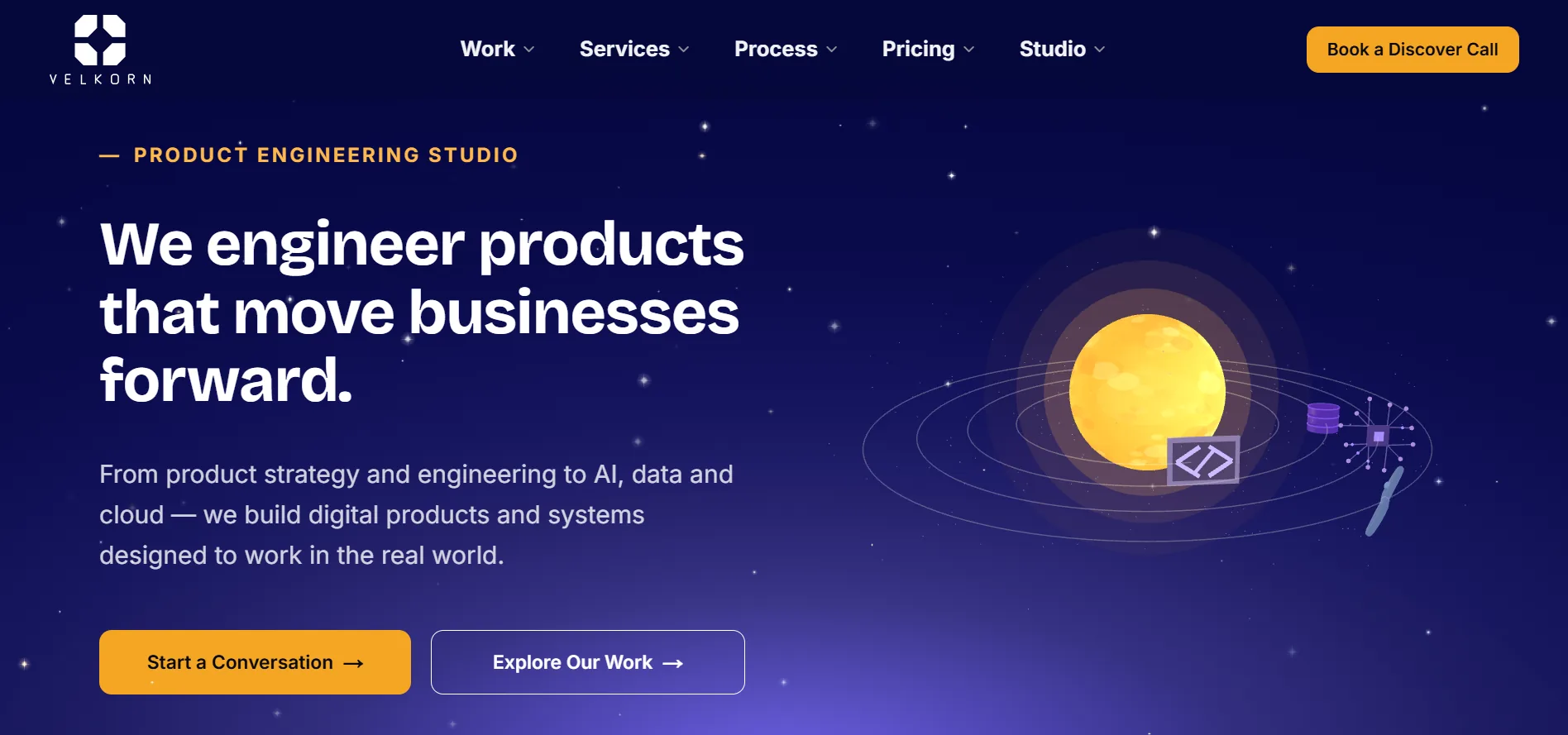 The Velkorn homepage: the headline “We engineer products that move businesses forward.” beside a 3D orbit visual.