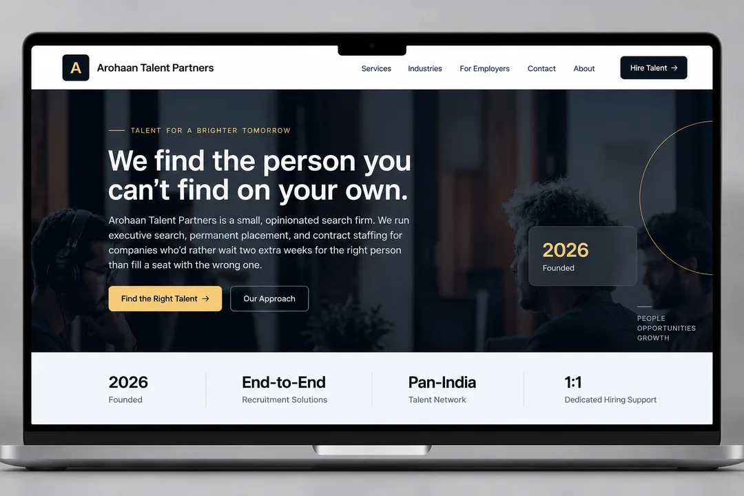The Arohaan Talent Partners site open on a laptop