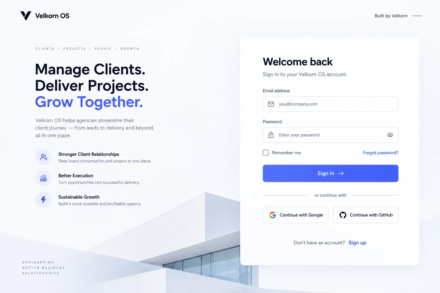 Velkorn OS sign-in screen with the tagline “Manage Clients. Deliver Projects. Grow Together.”