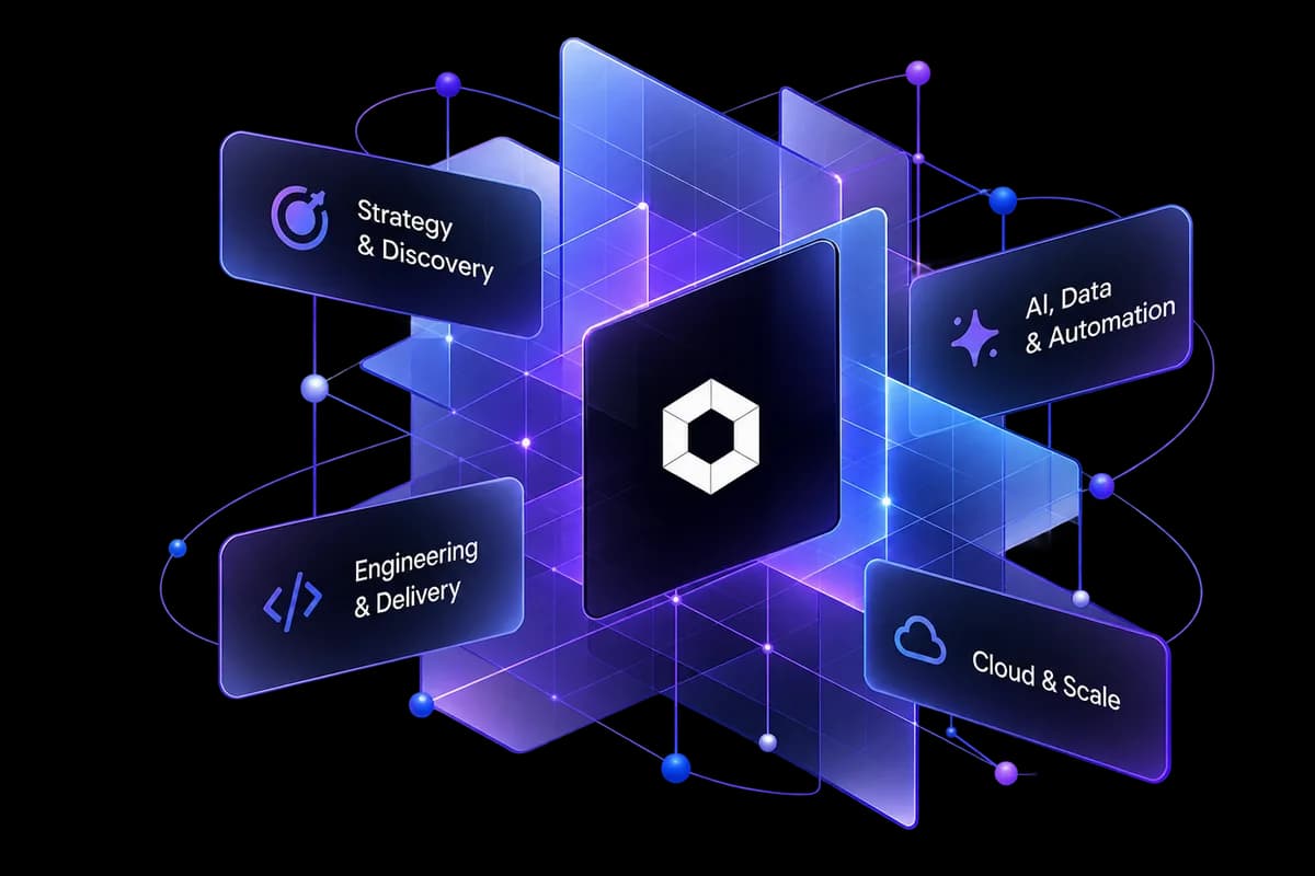 Velkorn's engagement areas: Strategy & Discovery, Engineering & Delivery, AI, Data & Automation, and Cloud & Scale, arranged around the Velkorn core