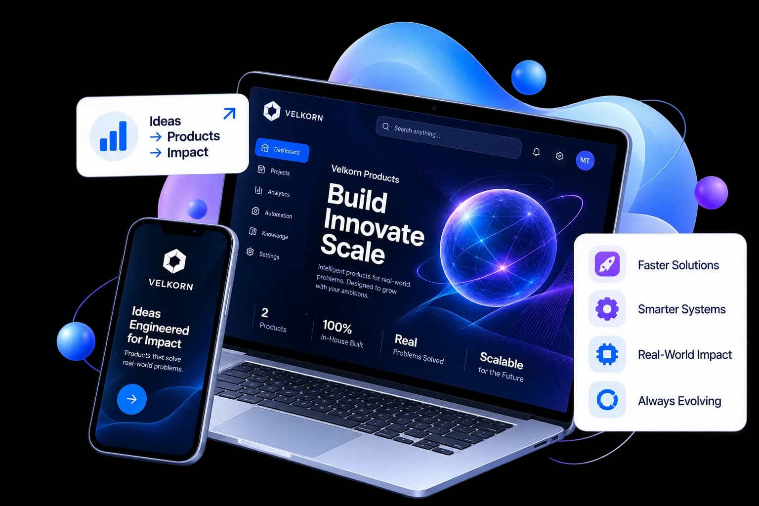 A laptop and phone showing the Velkorn Products dashboard, with an orbiting sphere reading “Build Innovate Scale”